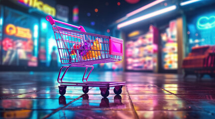 3d Shopping cart icon symbol with neon colorful and boxes, blurred neon storefront background. Digital shopping delight concept, Neon lit online store. E commerce revolution. Brighten cart with light. - obrazy, fototapety, plakaty