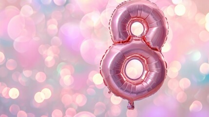 Number 8 Shaped Balloon Against a Pastel Bokeh Background, A Festive Celebration for International Women's Day.