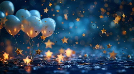 Fotobehang Starry elements with floating balloons against a midnight-blue backdrop. Birthday background concept © Tazzi Art