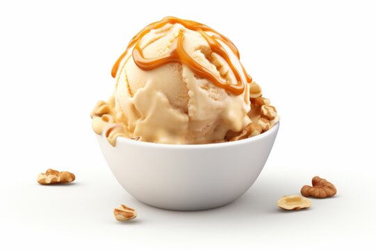 Tempting Scoop of Salted Caramel Ice Cream on a White Background, Garnished with Nuts, Generative AI
