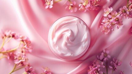 Makeup Product Advertisement. Face Cream Jar on Pink Pastel Background.