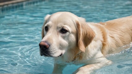 Cream golden retriever dog in the swimming pool