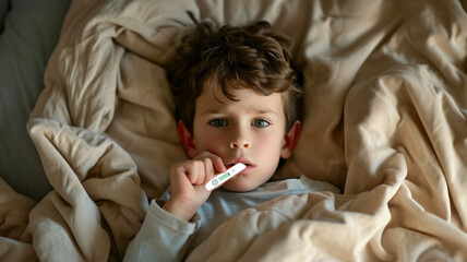 Sick boy with thermometer laying in bed. Sick son who has thermometer in his mouth. Sick child with fever and illness in bed. - obrazy, fototapety, plakaty