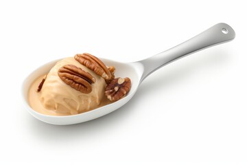 Salted Caramel Ice Cream Scoop with a Caramel Swirl, Against a Clean White Surface, Generative AI