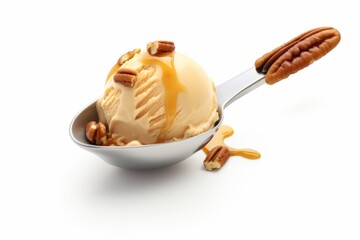 Salted Caramel Ice Cream Scoop with a Caramel Swirl, Against a Clean White Surface, Generative AI
