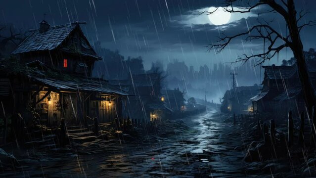 Midnight Serenade: A House and Tree Under the Veil of Night Rain
