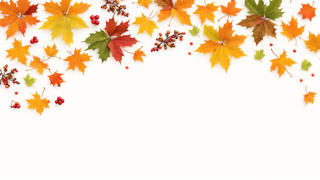 autumn leaves and berries on a white background with copy space
