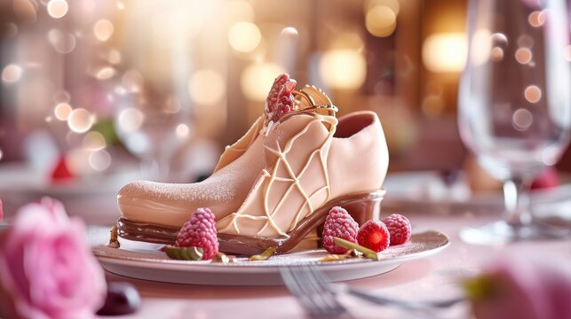 A Burberry shoe shaped fondant cake on the dining table