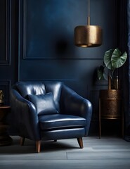 Dark blue living room interior with cozy leather armchair  generative ai