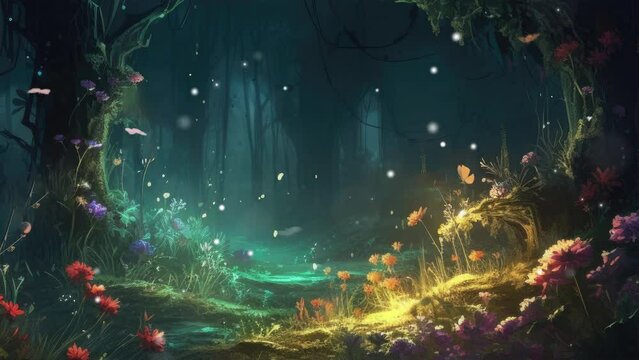 magic forest at night fantasy glowing flower beauty with butterflies