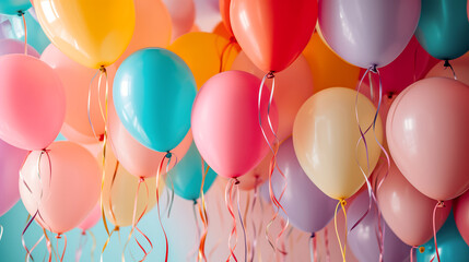 Colorful balloons against a soft pastel-colored backdrop. Cheerful background for birthday concept