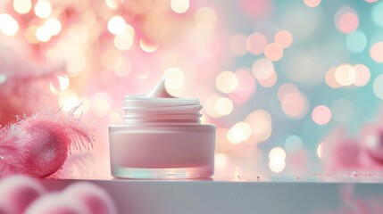 Cream for cosmetic on bokeh background. Makeup Product Advertisement - obrazy, fototapety, plakaty