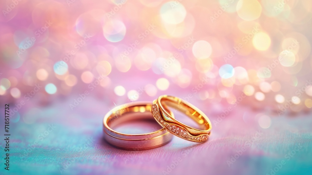 Wall mural close up of two golden rings on bokeh background, valentine's day.