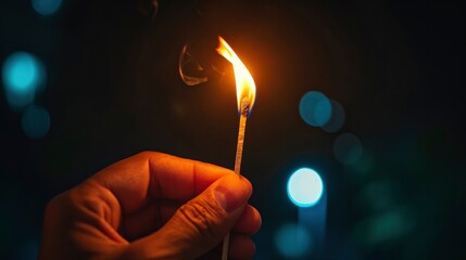 Hand holding a burning matchstick.