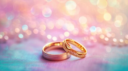 Close up of two golden rings on bokeh background, Valentine's day.