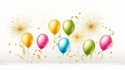 colorful birthday balloons and confetti on white background new years