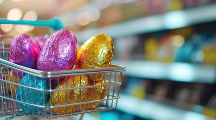 Different colour easter egg in a shopping cart in a shopping moll - obrazy, fototapety, plakaty
