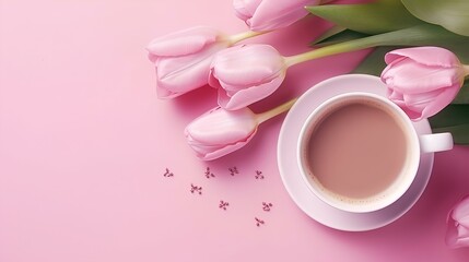 Fototapeta na wymiar Spring background with delicate flowers and a cup of coffee on a pink background with a place for text. Copyspace top view.