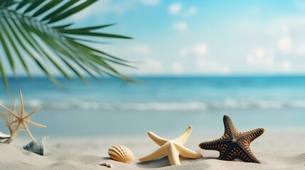 Fototapeta na wymiar Background with palm leaves, shells and starfish on the beach background.