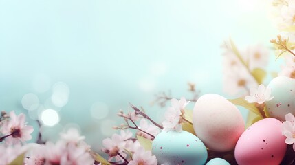 A tabletop with Easter eggs and a place for text, a blurred background.	