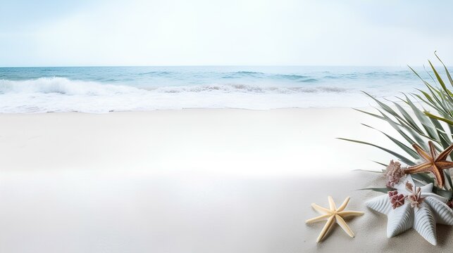 Background with palm leaves, shells and starfish on the beach background. A copy of the space.