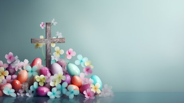 A Christian cross and a pile of Easter colored eggs and flowers. Easter holiday.	