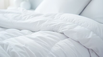 A cozy bed with snow-white linens in a bright white bedroom. - obrazy, fototapety, plakaty