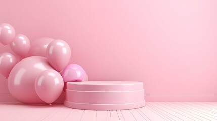 A pedestal, a podium, a geometric showcase with pink balloons for presentation.	
