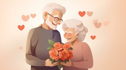 Happy Valentine's Day. Happy Senior Citizen's Day. Grandma and grandpa with glasses and a bouquet of flowers.