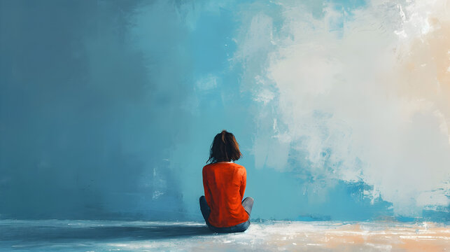 Youthful Girl Sitting on the Edge of a Blue Wall, mental health