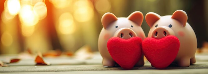 Piggy banks with red hearts. Valentines day concept