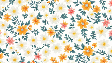 floral pattern on a white background with orange, yellow and green flowers