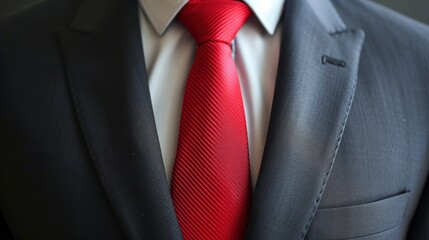 Skinny red tie and suit, close up on torso