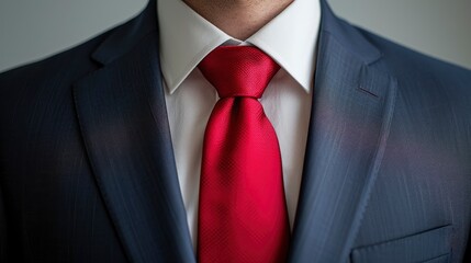 Skinny red tie and suit, close up on torso