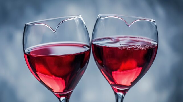 two glasses of red wine are touching each other in the form of the heart symbol,