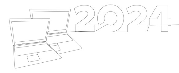 One continuous line of Laptop with number 2024. Thin Line Illustration vector concept. Contour Drawing Creative ideas.