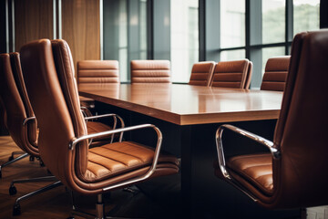 A minimalist fine art capture of an empty meeting room showcasing office equipment chairs and a large table in soft natural light. AI generative.