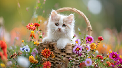 A fluffy white kitten in a Spring basket surrounded by colorful wildflowers, generative ai