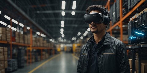 Young Asian man wearing virtual reality goggles in warehouse. This is a freight transportation and distribution warehouse. Industrial and technology concept
