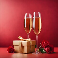 Two glasses of champagne gift box and flowers on a red background. Valentine's day decorations
