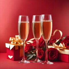 Two glasses of champagne gift box and flowers on a red background. Valentine's day decorations