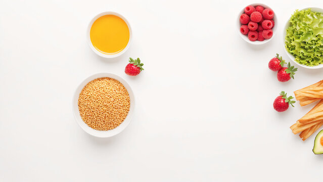 various fruits and vegetables in bowls on a white surface