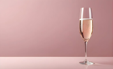 A champagne glass on a simple soft pink background, Valentine's Day, Christmas. Generative AI