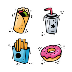Fast food icons set - shawarma, burrito, French fries, paper cup with drink, donut. Hand drawn fast food combo. Comic doodle style. Colorful snacks drawn with felt tip pen. Vector illustration