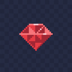 Ruby faceted precious stone logo. Diamond icon. Pixel art style. Knitting design. 8-bit. Game assets.  Design for stickers, web, mobile app. Isolated vector illustration on dark background