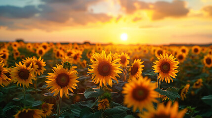 A sunflower field stretching to the horizon, with each sunflower turning towards the warmth of the setting sun. Sunflower, field, sunset - obrazy, fototapety, plakaty
