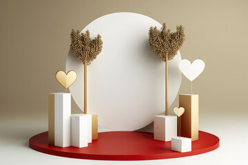 Luxurious minimalist love podium decorated with golden metallic trees and heart leaves, and empty front circular frame white gold and touch red tones, for product presentation or Mock-up