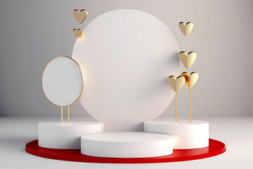 Luxurious minimalist love podium decorated with golden metallic trees and heart leaves, and empty front circular frame white gold and touch red tones, for product presentation or Mock-up