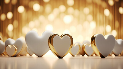 gold heart shapes with white enamel set, standing on a table with golden defocused lights in the background, ideal template or background for expressing love and celebrating Valentine's Day