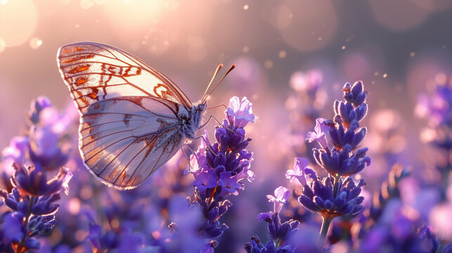 A butterfly gracefully perched on a cluster of blooming lavender, creating a harmonious and natural composition. Butterfly, lavender